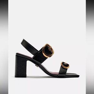 Zara Black Block-heel Gold Buckled Leather Sandals. Size 7.5